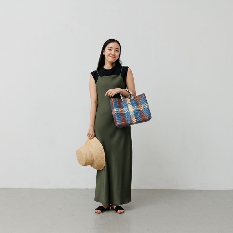 MERCADO BAG - 3COLORS CHECK - Metallic Blue / Gold / Cream (SHORT