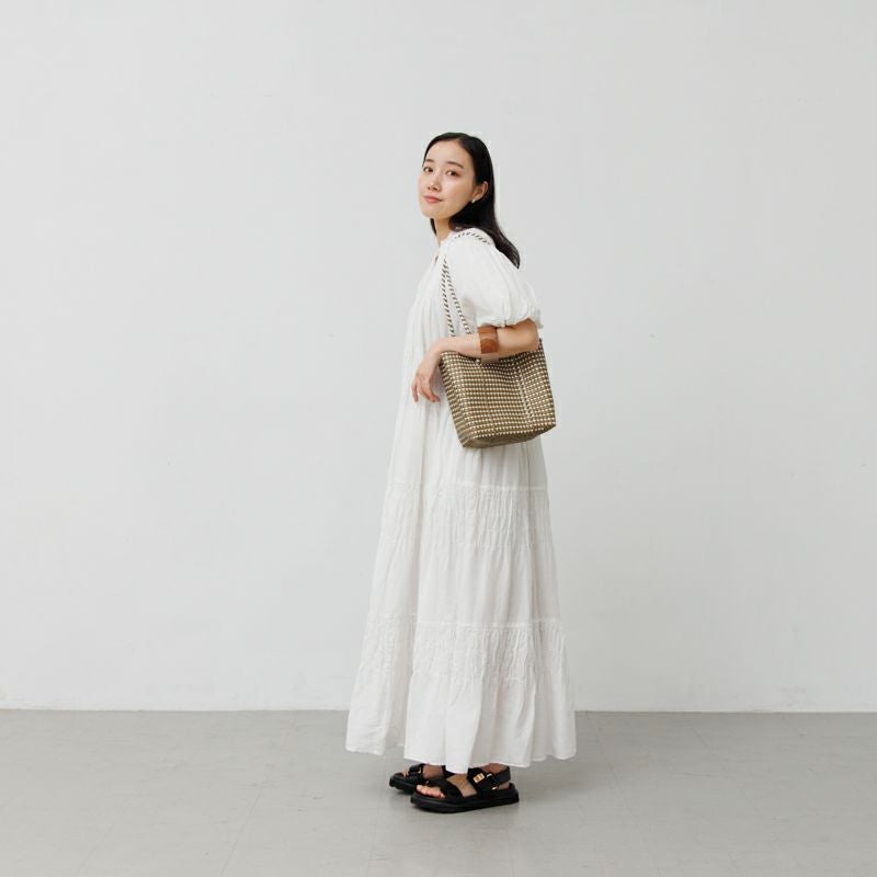 MERCADO BUCKET SLIM - MINI CHECK - Gold / White (LONG HANDLE