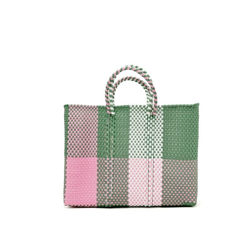 （やっち様）レトラ2点メルカドバッグMサイズ グリーン・ピンク MERCADO BAG - BLOCKS - Metallic Green / Pink / White (SHORT S