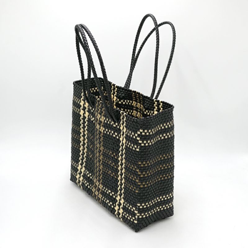 MERCADO BAG - LINE CHECK - LONG HANDLE - Black / Cream / Gold / (S