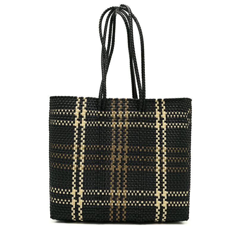 美品 Letea レトラ メルカドバック ロングハンドル 肩掛可能 黒 チェック MERCADO BAG - LINE CHECK - LONG HANDLE - Black / Cream / Gold / (M