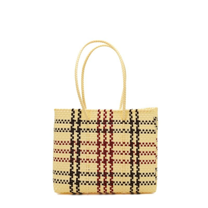 MERCADO BAG - LINE CHECK - LONG HANDLE - Cream / Brown / Dark Red
