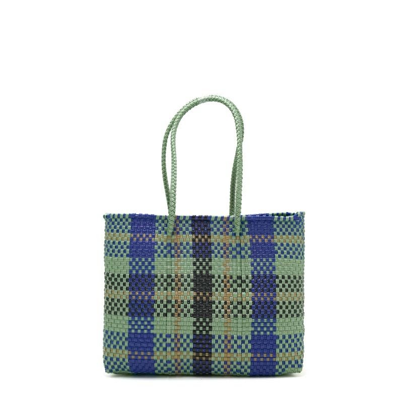 MERCADO BAG - TARTAN CHECK - LONG HANDLE - Metallic Green / Navy