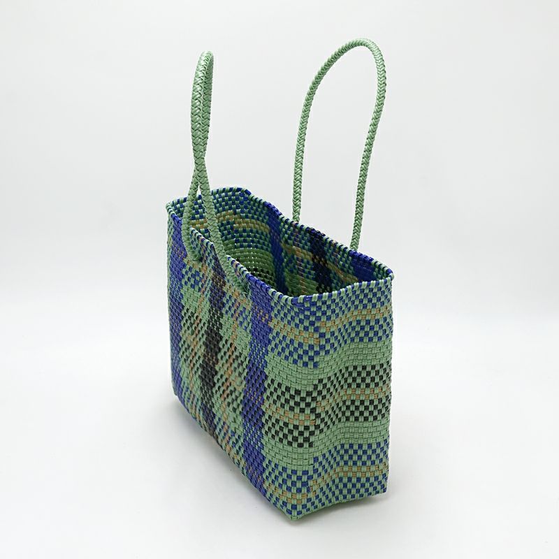 MERCADO BAG - TARTAN CHECK - LONG HANDLE - Metallic Green / Navy