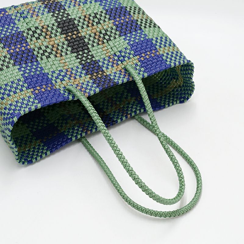 MERCADO BAG - TARTAN CHECK - LONG HANDLE - Metallic Green / Navy