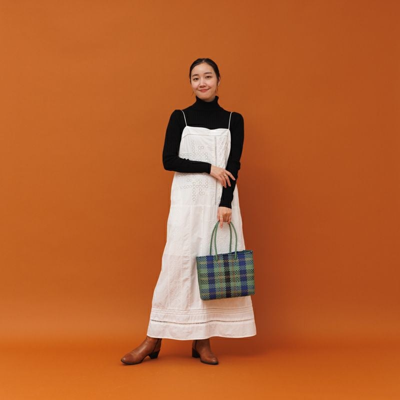 MERCADO BAG - TARTAN CHECK - LONG HANDLE - Metallic Green / Navy