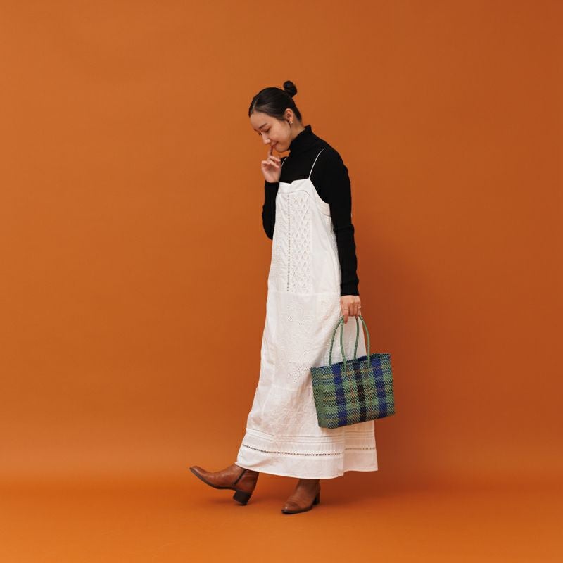 MERCADO BAG - TARTAN CHECK - LONG HANDLE - Metallic Green / Navy