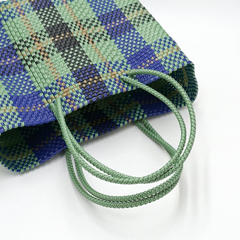 MERCADO BAG - TARTAN CHECK - LONG HANDLE - Metallic Green / Navy