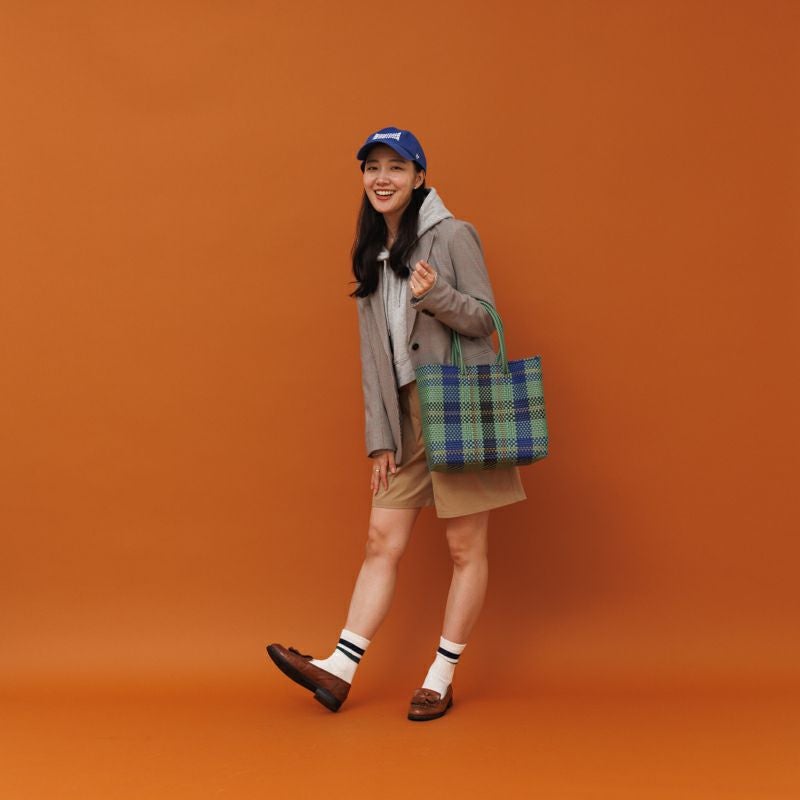 MERCADO BAG - TARTAN CHECK - LONG HANDLE - Metallic Green / Navy