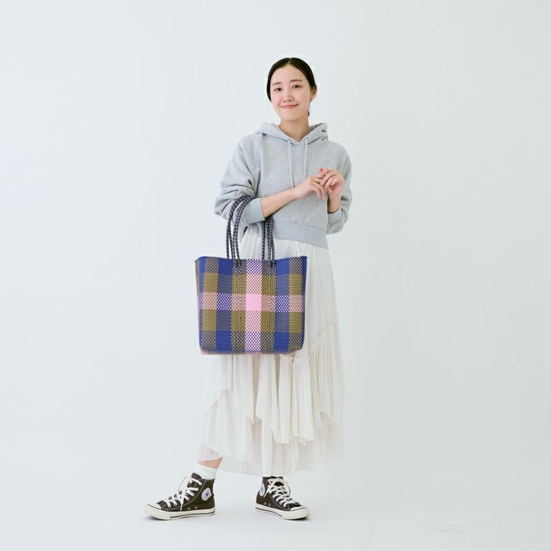 MERCADO BAG - 3COLORS CHECK - LONG HANDLE - Gold / Pink / Navy (M