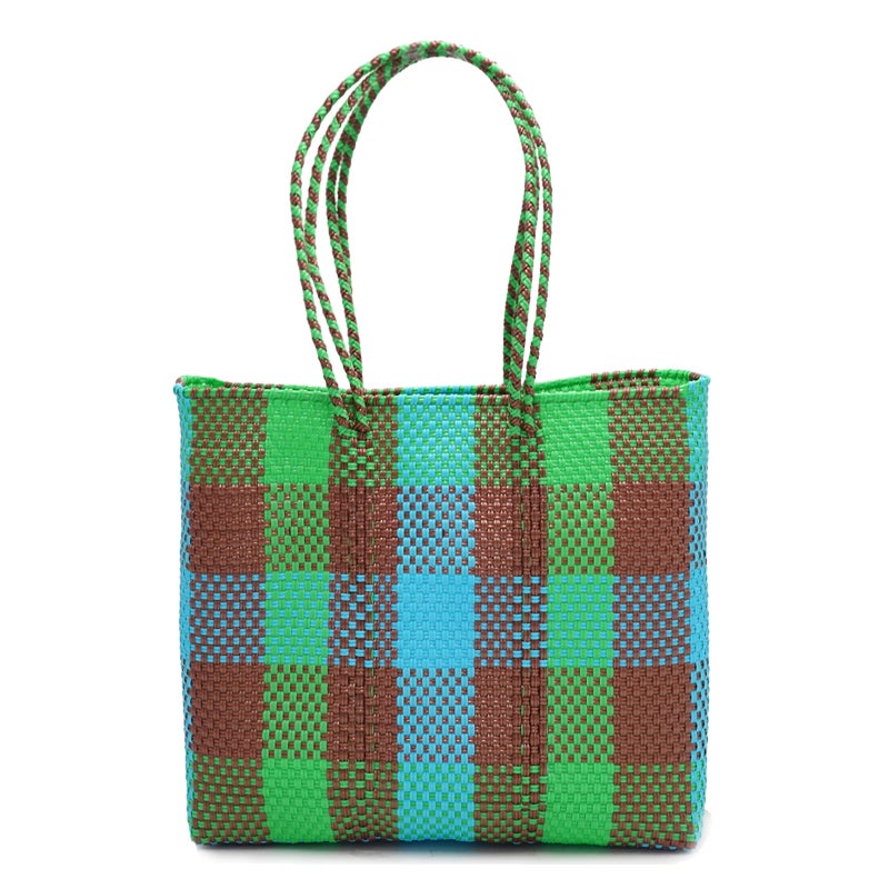 MERCADO BAG - 3COLORS CHECK - LONG HANDLE - Copper / Light Blue
