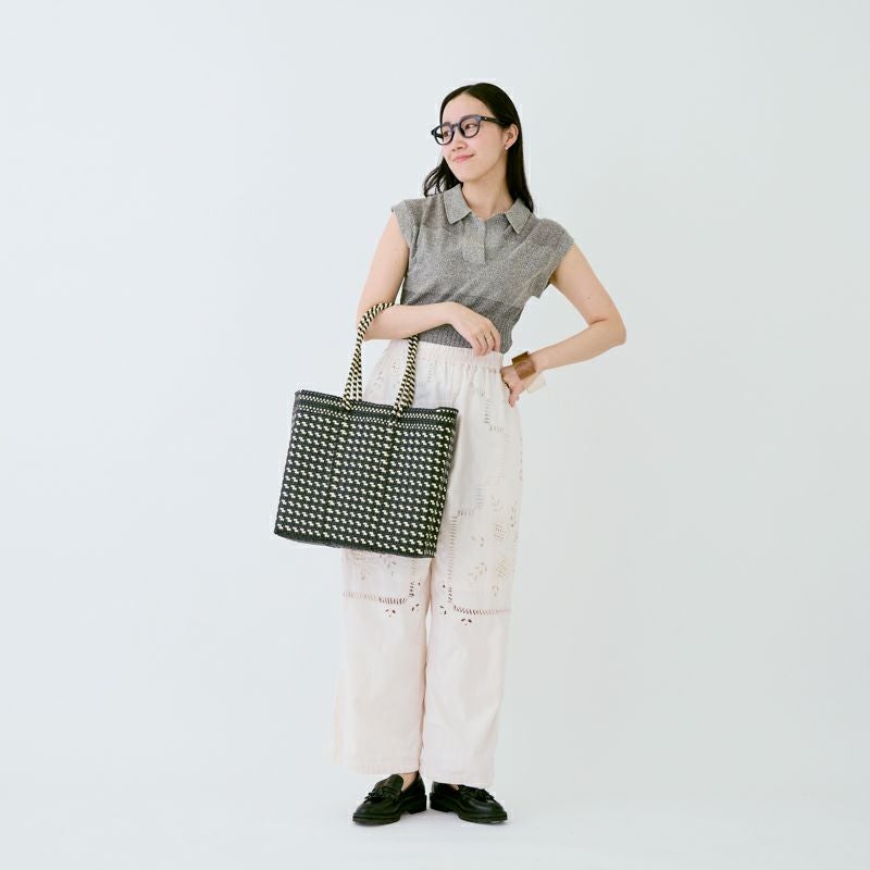 MERCADO BAG - HOUNDSTOOTH - LONG HANDLE - Black / Cream (M