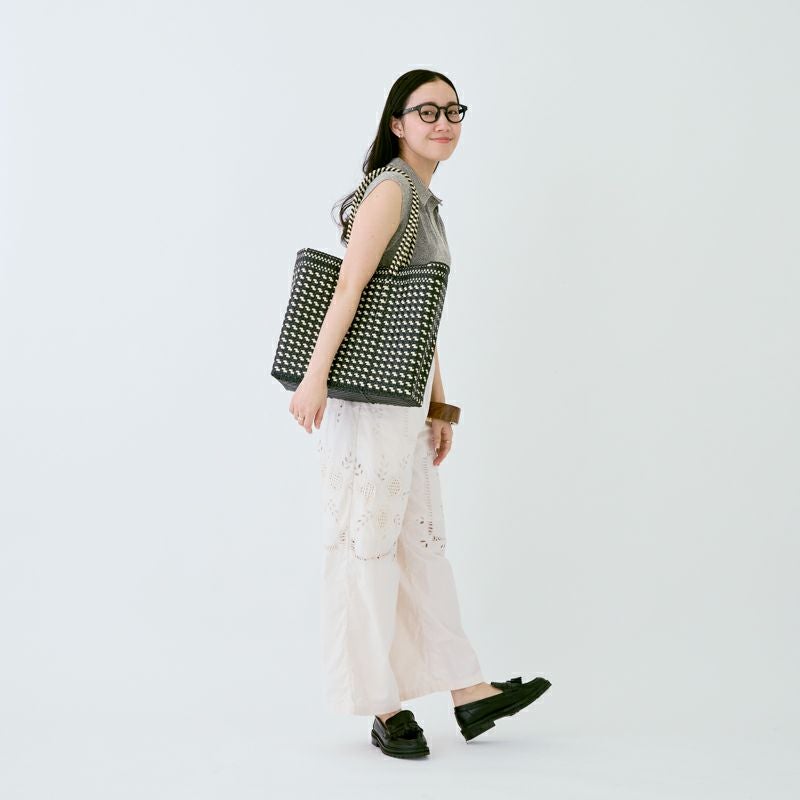 MERCADO BAG - HOUNDSTOOTH - LONG HANDLE - Black / Cream (M