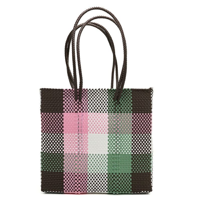 MERCADO BAG - MULTI COLOR CHECK - LONG HANDLE - Brown / Pink