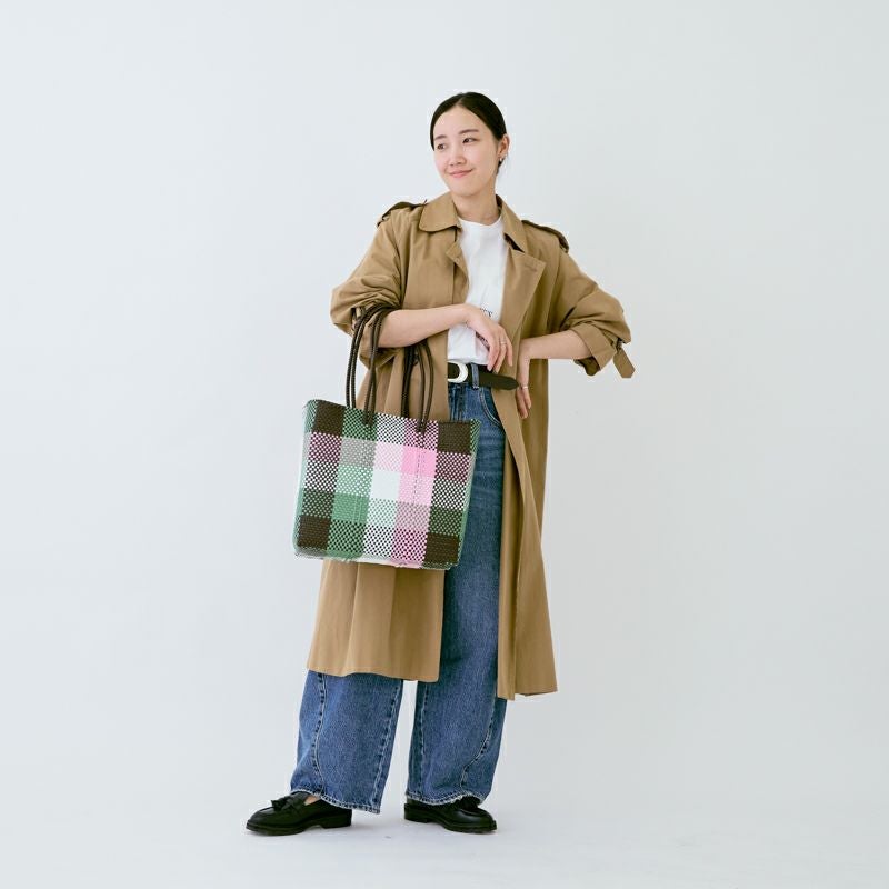 MERCADO BAG - MULTI COLOR CHECK - LONG HANDLE - Brown / Pink