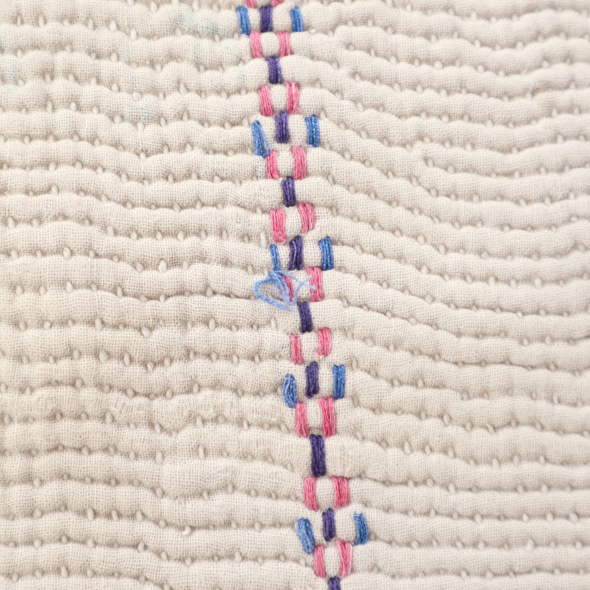 古いハギレを組み合わせているため、色褪せやほつれが見られます